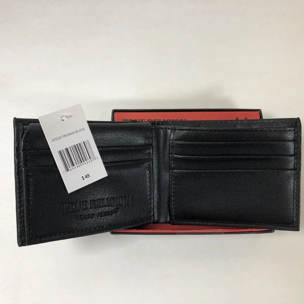 NEW True Religion Black Leather Bifold Wallet Men Gold Logo Box